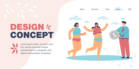 Businessman giving big gold coin to models in swimsuits. Women running towards man with money flat vector illustration. Success, wealth concept for banner, website design or landing web page
