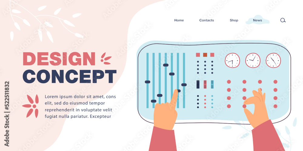 Poster hands on control dashboard panel flat vector illustration. operator pushing buttons, adjusting volum