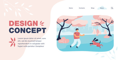 Boy playing with dog in nature flat vector illustration. Happy man spending time with lovely pet outdoor. Puppy paddling in water. Friendship concept for banner, website design or landing web page