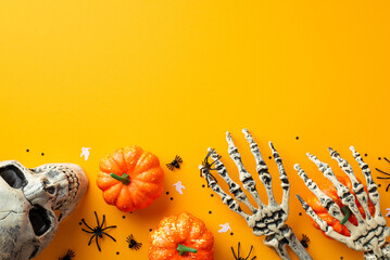 Halloween creepy decor concept. Top view photo of skull skeleton hands pumpkins spiders ghost silhouettes and confetti on isolated orange background with copyspace - obrazy, fototapety, plakaty