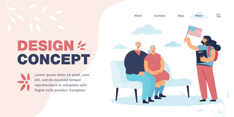 Girl with USA flag talking with elder couple outdoor. Happy woman discussing about Independence Day in park flat vector illustration. Celebration concept for banner, website design or landing web page