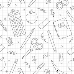 Seamless pattern with square grid and school elements. Vector white background in doodle style. Perfect for school design or for stationery