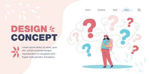 Fototapeta na wymiar Female tourist with question marks above head. Girl with backpack thinking, wondering, making decision flat vector illustration. Travel, trip concept for banner, website design or landing web page
