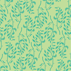 Seamless pattern featuring teal leafy vines on a light green background. This vector illustration is perfect for textiles, wallpapers, gift wrapping