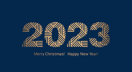 Happy New Year 2023. Modern Greeting card. Merry Christmas. Dark blue background. Vector