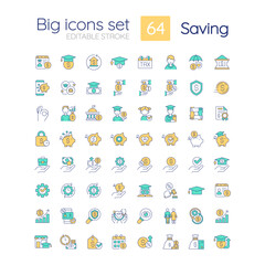 Saving RGB color icons set. Financial funds. Money management. Smart investment. Isolated vector illustrations. Simple filled line drawings collection. Editable stroke. Quicksand-Light font used