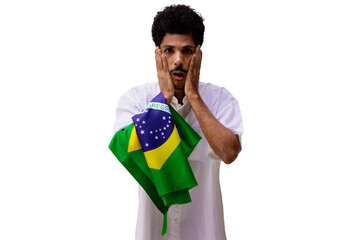 September seven, Brazil Independence Day. Black man holds Brazilian flag isolated.