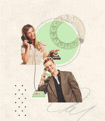 Contemporary art collage. Two cheerful people, young man and woman talking on phone with each other. Romantic talk