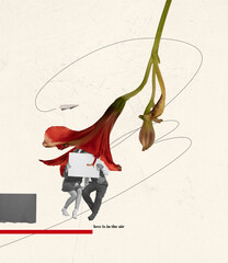 Contemporary art collage. Cute and romantic design of lovely couple sitting together under flower, talking, sharing dreams