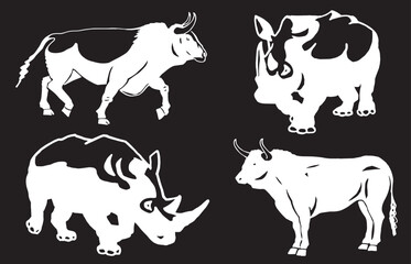 Vector set of bulls and rhinoceroses on black isolated,graphical illustration