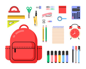 Back to school modern flat icon set. School supplies: backpack, markers, rulers, notebook, etc.