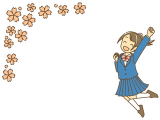 桜の花と元気にジャンプする女子高校生1(カラー)