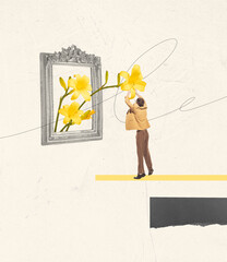Contemporary art collage. Stylish young man putting flower into retro frame. Artist creation