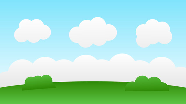 landscape cartoon scene with green hills and white cloud in summer blue sky background