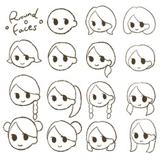illustration set of round face icons in hand drawn style, various hair styles