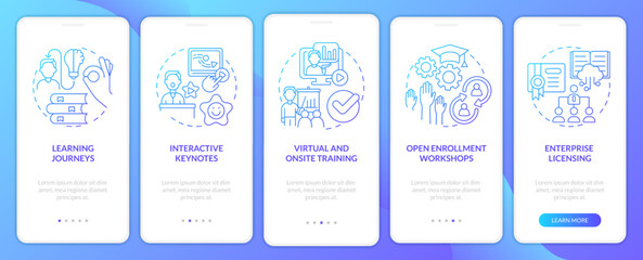 Effective acquiring knowledge blue gradient onboarding mobile app screen. Walkthrough 5 steps graphic instructions with linear concepts. UI, UX, GUI template. Myriad Pro-Bold, Regular fonts used