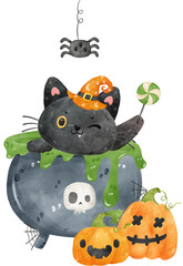 cute black cat in cauldron witch pot Halloween watercolor