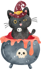 cute black cat in cauldron witch pot Halloween watercolor