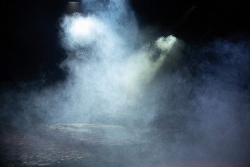 Fototapeta na wymiar Сoncert on scene theater, stage light with colored spotlights and smoke.