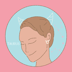 Hand drawn woman cartoon character with Taurus zodiac sign, word and stars vector illustration isolated on blue circle and pink background.