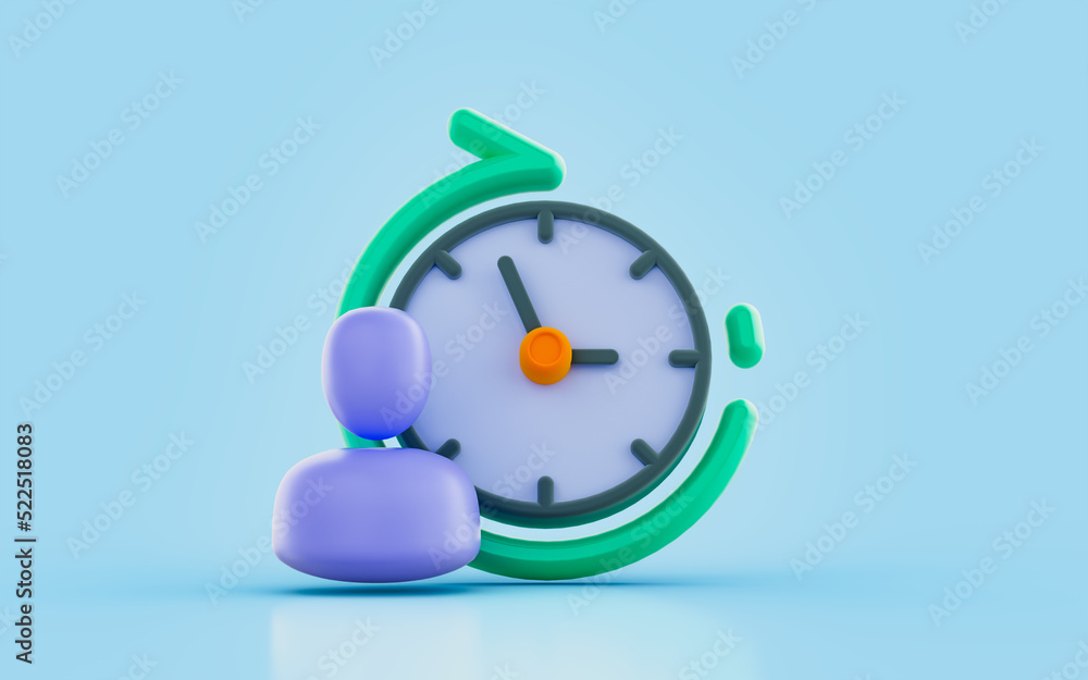 Poster user with clock rotation arrow sign 3d render concept for human life history elapsed time