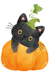 cute watercolor black kitten cat on pumpkin, Happy Halloween, cartoon animal pet hand painting vector illustration
