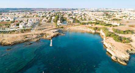 Aerial bird's eye view of Kapparis beach, Protaras, Paralimni, Famagusta, Cyprus. Famous tourist...
