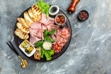 Meat appetizer, Antipasto platter cold meat plate. banner, menu, recipe place for text, top view