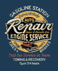 Car garage repair service gasoline station vintage vector print for boy t shirt grunge effect in separate layer