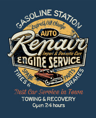 Car garage repair service gasoline station vintage vector print for boy t shirt grunge effect in separate layer © PrintingSociety