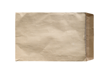 Open brown paper envelope on transparent background - PNG format.