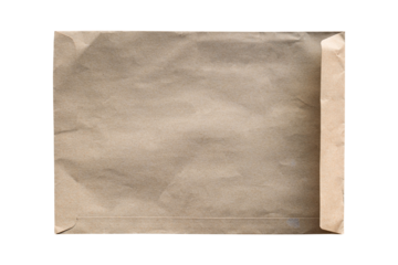 Open brown paper envelope on transparent background - PNG format.
