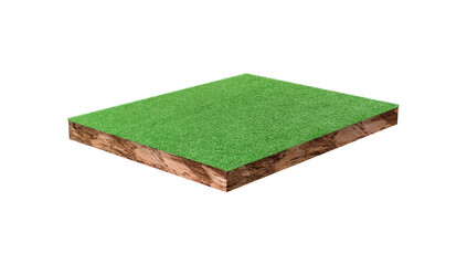 Soil cubic cross section with green grass field on transparent background - PNG format.