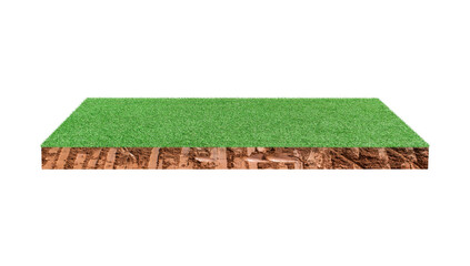 Soil cubic cross section with green grass field on transparent background - PNG format.