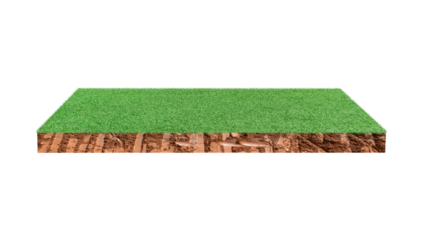 Soil cubic cross section with green grass field on transparent background - PNG format.