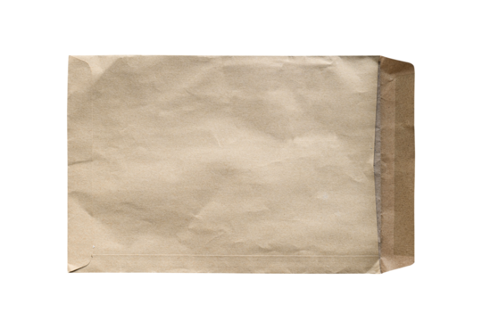 Open brown paper envelope on transparent background - PNG format.
