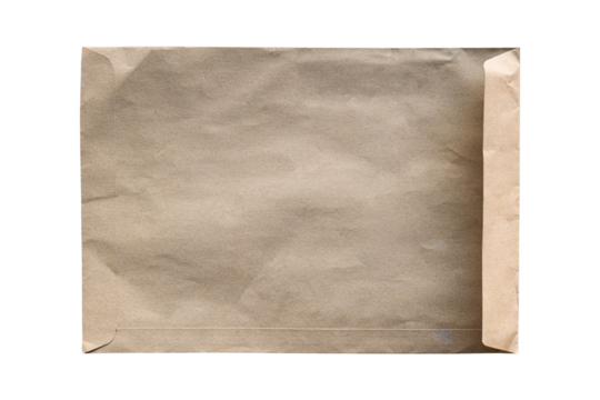 Open brown paper envelope on transparent background - PNG format.