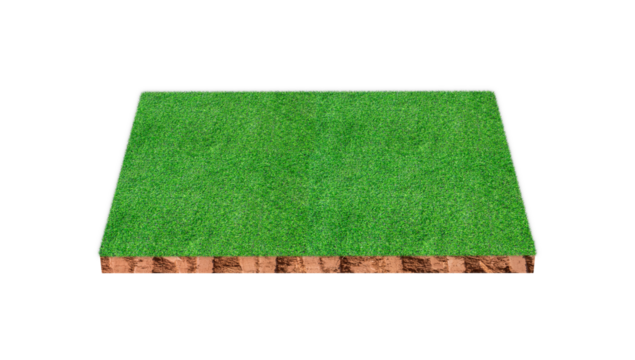Soil cubic cross section with green grass field on transparent background - PNG format.