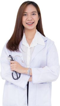 Female Doctor with Stethoscope in Crossed Arms Gesture Standing in a Hospital on Transparent Background