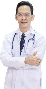 Crossed Arm Asian Doctor in a Gown Standing in a Hospital on Transparent Background