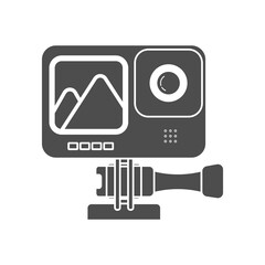 Action camera isolated icon, action cam with bracket holder black symbol