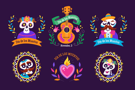 Mexican Dia de los Muertos label collection. 6 labels with traditional Mexican elements to celebrate the Day of the Dead. Isolated elements. Set 2 of 3.