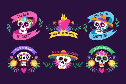 Mexican Dia de los Muertos label collection. 6 labels with traditional Mexican elements to celebrate the Day of the Dead. Isolated elements. Set 3 of 3.
