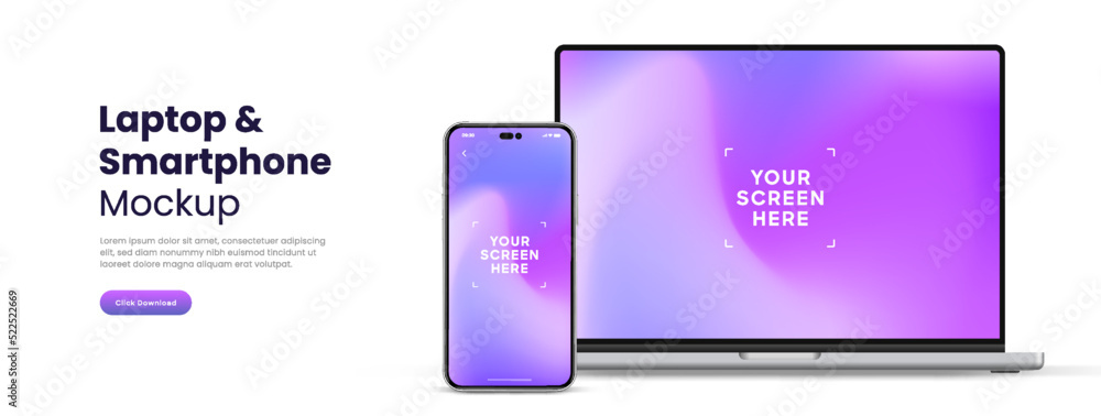 Fototapete Modern laptop mockup front view and smartphone mockup high quality isolated on white background. Notebook mockup and phone device mockup for ui ux app and website presentation Stock Vector.