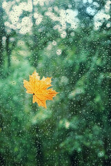 autumn orange maple leaf on window glass with rainy drops texture, abstract blurred background. fall season concept. symbol of autumn - obrazy, fototapety, plakaty