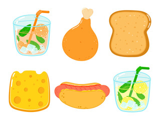 Funny happy fast food characters set. Vector hand drawn cartoon kawaii character illustration. Isolated white background. Cute lemonade, chickens leg, cheese, toast, bread, hot dog, juice