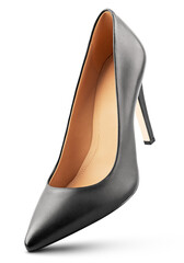 Single black leather high heeled women shoe isolated on white background. Stiletto with clipping path.