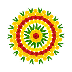 Beautiful yellow and red flower rangoli for indian festival decration celebration. - obrazy, fototapety, plakaty