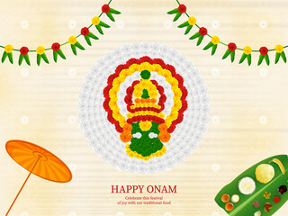 Happy Onam with flower rangoli of kathakali and keral food vector illustration.
