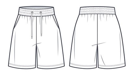 Unisex Bermuda Shorts technical fashion illustration. Short sweat Pants fashion flat template, elastic waist, front and back, white colour. Sportswear unisex CAD mock-up. - obrazy, fototapety, plakaty